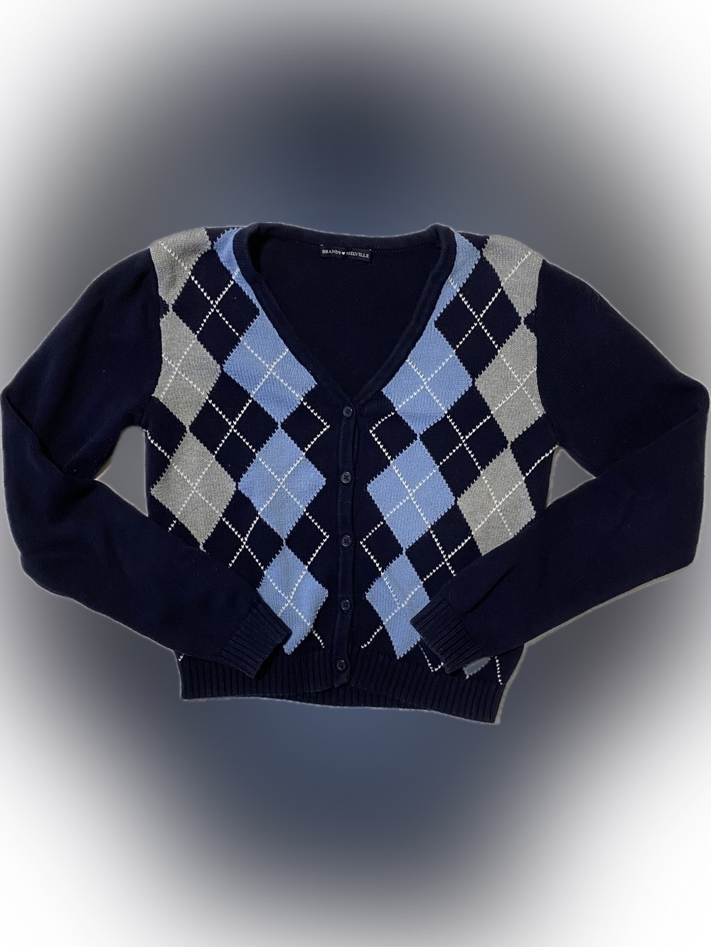 Brandy Melville Navy, Light Blue & Light Gray Argyle V-Neck Cardigan